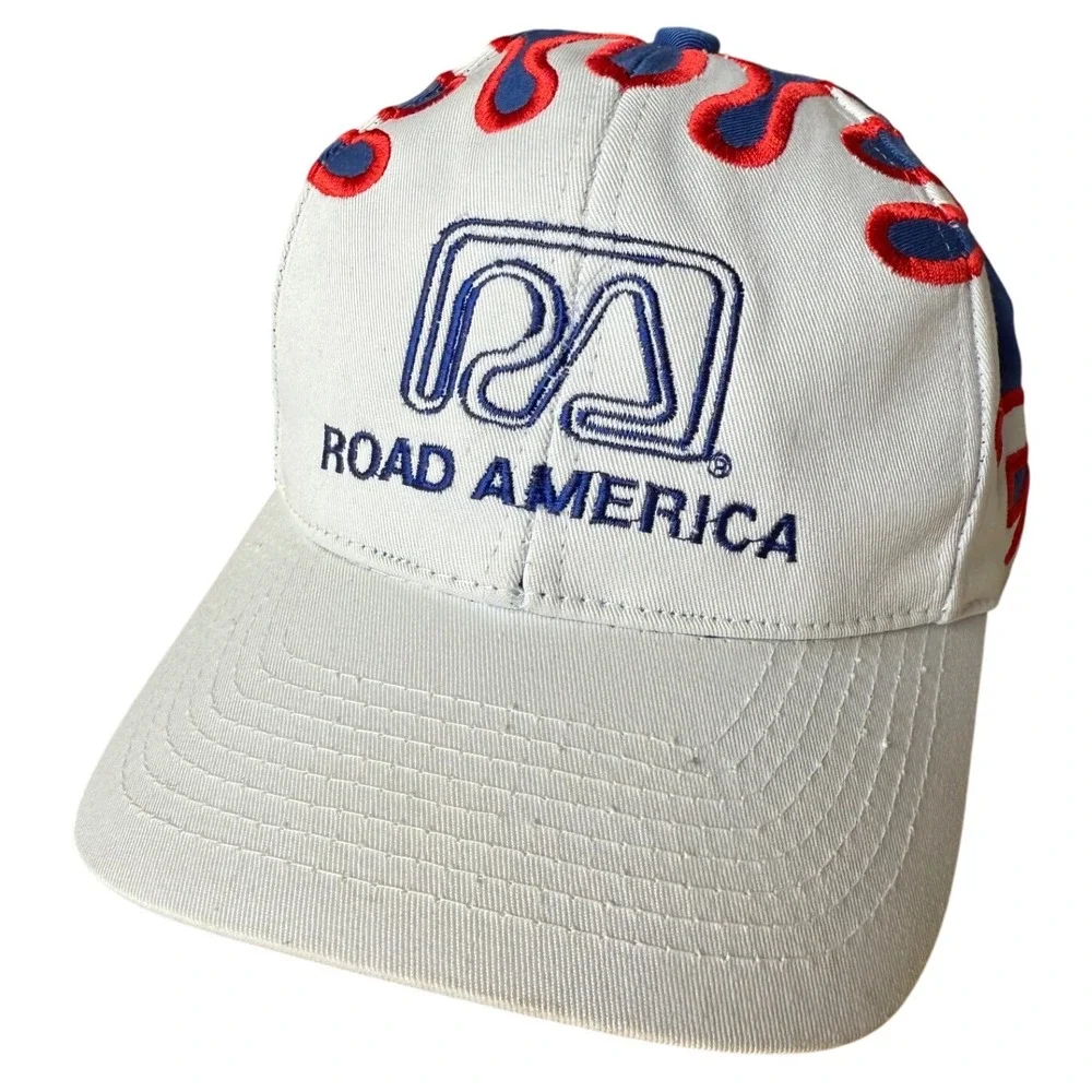Road America‎ Flames Logo Baseball Cap Hat Men Blue White Red Racing Wisconsin